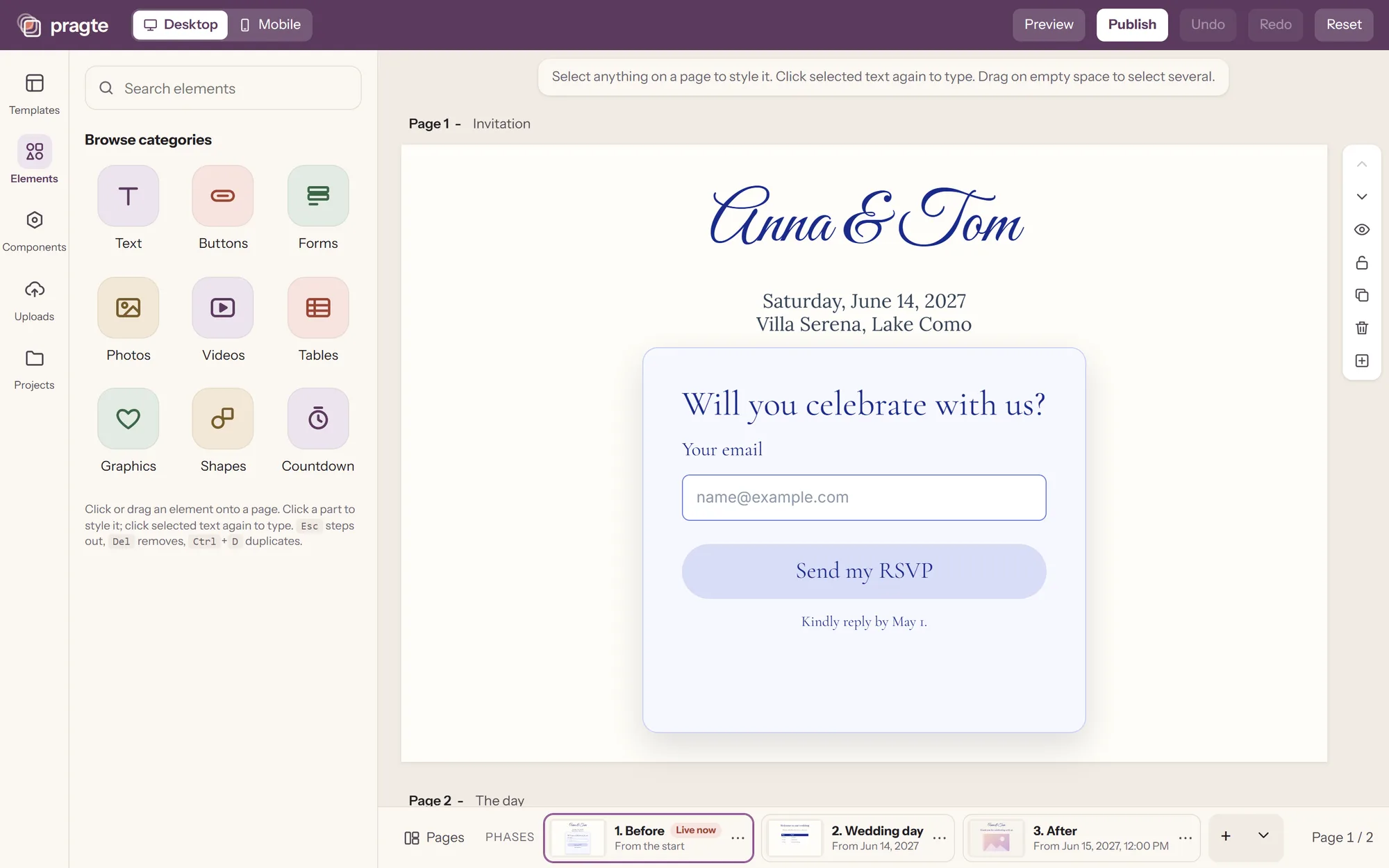 The Pragte editor. Along the bottom, the site's phases: Before (live now), Wedding day and After, each with its own start date.