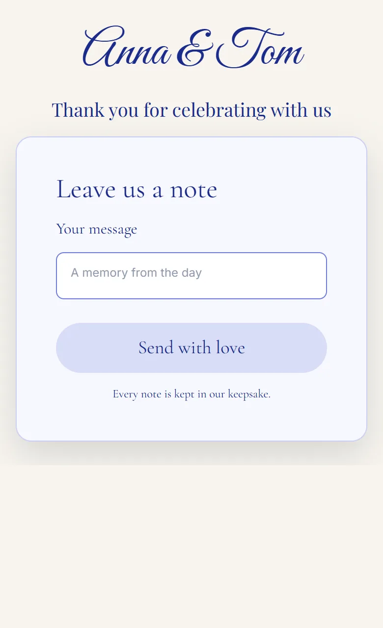 The same site after the wedding: a thank-you and a form for guests to leave a note.