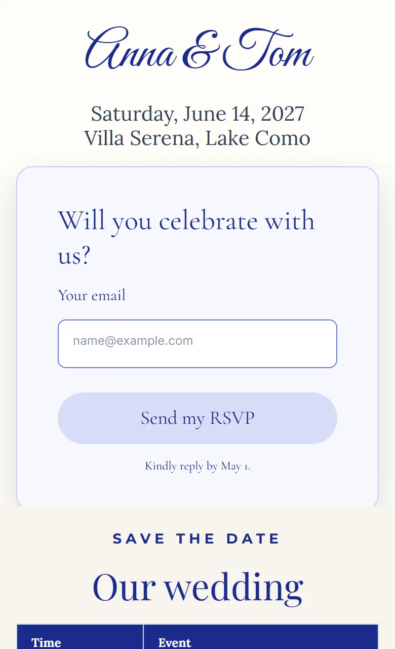 A Pragte wedding invitation: the couple's names, date, venue and an RSVP form.